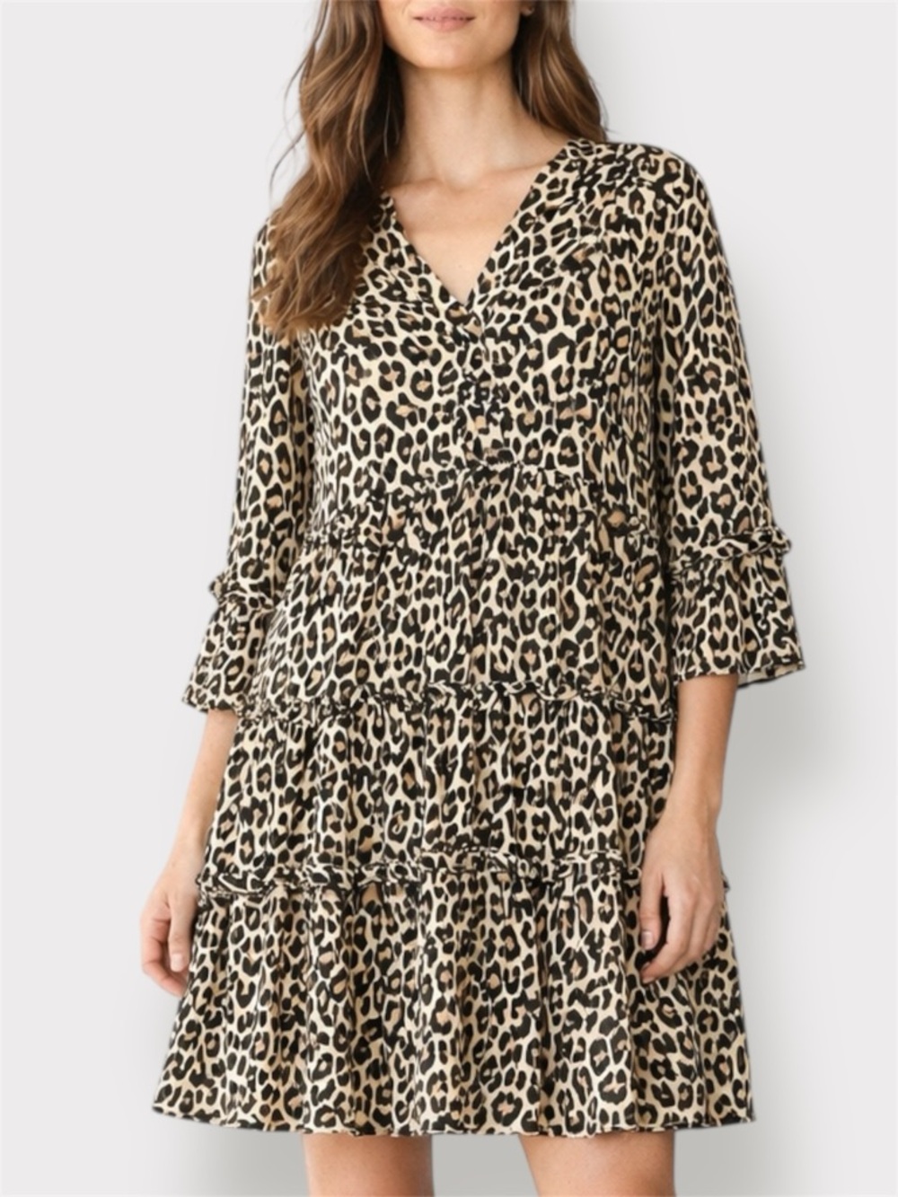 Vero Moda Tiered Ruffle Leopard Print Dress Black, Cream & Brown Size Medium